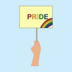 Hand holding a poster with LGBT community slogans, vector illustration of hand draw.