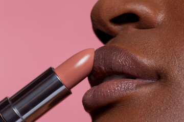 Young woman applying lipstick