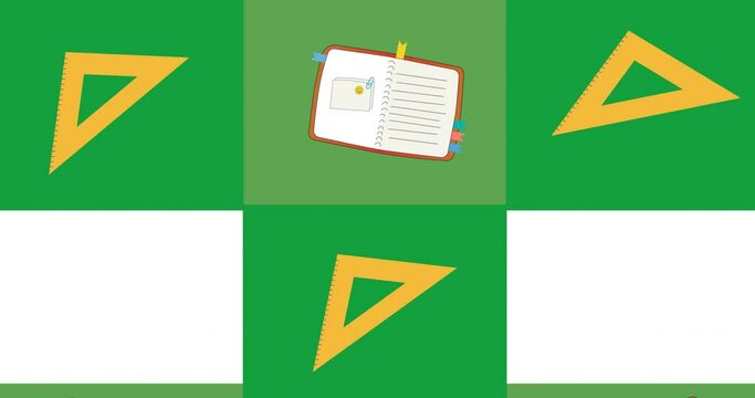 Animation of green rectangles with setsquare and notebooks moving on white background
