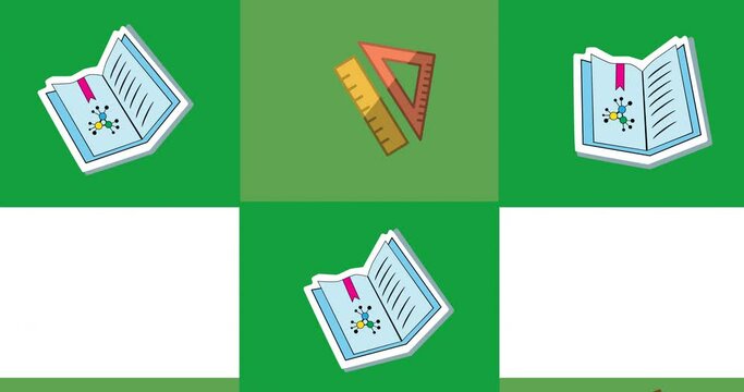 Animation of green rectangles with setsquare and notebooks moving on white background