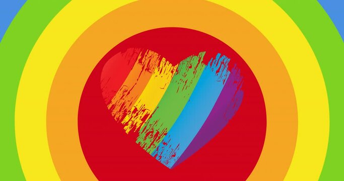 Animation of rainbow heart over rainbow stripes