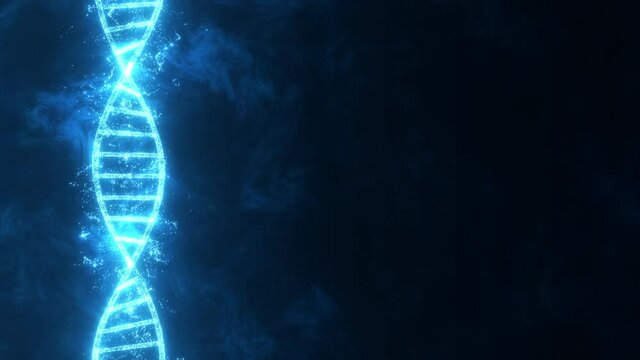 DNA transmission glowing rotating. Molecule helix Science and medicine 3D animation on dark blue background.