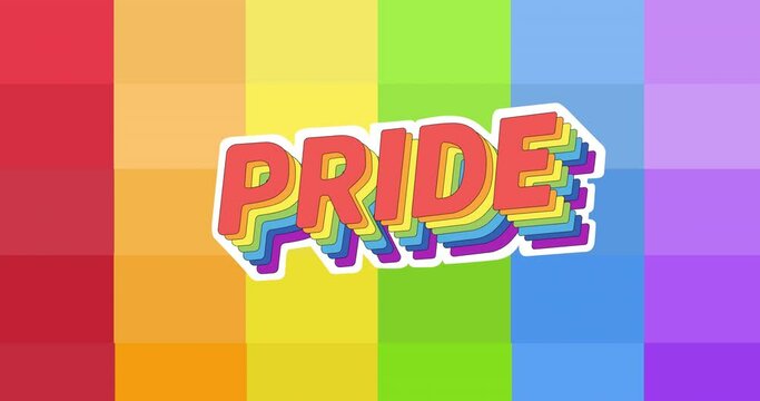 Animation of pride text over rainbow stripes