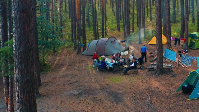 Family camping aerial. Aerial view of the extended family enjoying camping in the dry forest with pine trees
