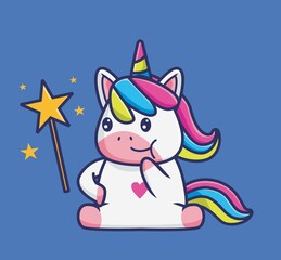 cute baby unicorn curious with magic stick. cartoon animal nature concept Isolated illustration. Flat Style suitable for Sticker Icon Design Premium Logo vector. Mascot Character