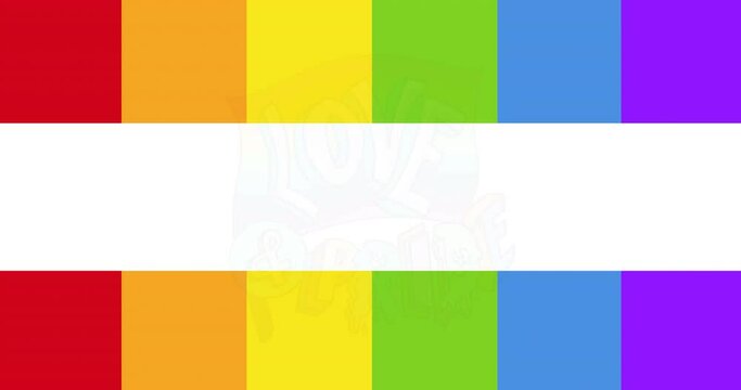 Animation of love and pride text over rainbow stripes