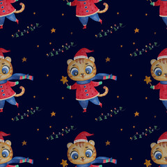 Seamless pattern with cute tiger. Beautiful New Year character in winter clothes on a dark blue background with Christmas decor and stars. Watercolor. Hand drawing for Childrens collection