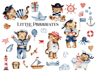 Watercolor cute tiger clipart, New year 2022 symbol, Pirates tiger elements for baby shower invite,  pirate birthday, cute animals tropical clipart