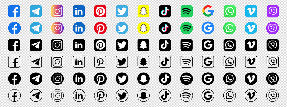 Icon set of popular social applications with rounded corners. Social media icons modern design on transparent background for your design. Vector set EPS 10