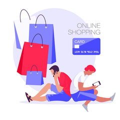 Online shopping, E-purchase, internet store. Buyer choose a product, paid for mobile banking, tracking parcel package and customer delivery. Mobile devices and smartphones. Vector illustration.