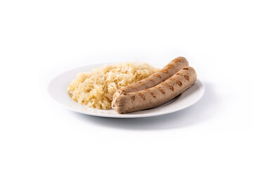 Bratwurst sausage and sauerkraut isolated on white background.  typical german food