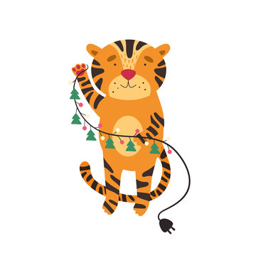 Cute tiger and Christmas garland. Vector illustration in cartoon style.
