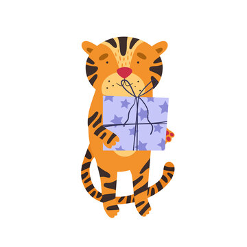 Cute tiger with Christmas gifts. Vector illustration isolated on white background.