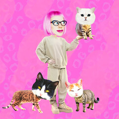 Funny collage scene.  Happy Comic Lady character and cats. Pets, relationship with pets, cat lover,...