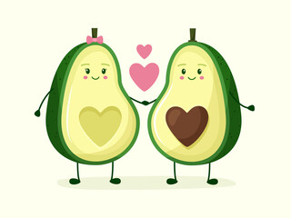 Avocado couple holding hands with love and heart. Flat style . Vector illustration