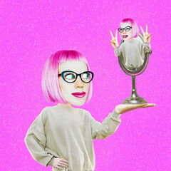 Funny collage scene.   Comic Girl character .and victory mirror. Control emotions, positive...