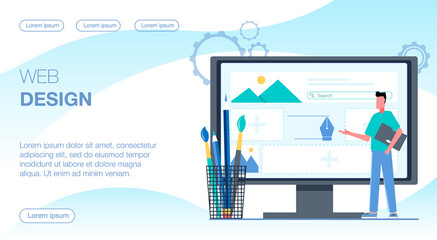 A man does web design. On the monitor is a site with pictures and text, and next to it is a glass with pencils and brushes. Flat vector illustration.