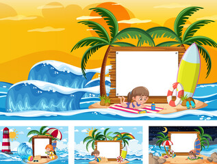 Obraz premium Set of different tropical beach scenes with blank banner