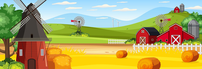 Farm horizontal landscape scene with barn and windmill © brgfx