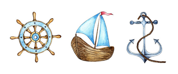 Set of watercolor illustrations of steering wheel, sailboat, anchor. Naval support, sailor property. Collection of marine adventures. Isolated over white background. Drawn by hand. © AliCris