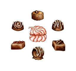 Watercolor painting sweet set, pastry marshmallows and chocolates. Dessert for tea drinking. Sweet food for the holidays. Isolated on white background. Drawn by hand.