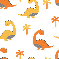Seamless pattern with dinosaurs and palm trees. Yellow and orange Dino. Vector illustration for children