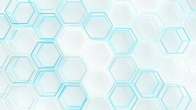 Wire Hexagons Array Loop 1 Blue x White: many metallic blue and white hexagons moving over a white background, and flashing light. Abstract technology. Classic blue. Seamless loop. 
