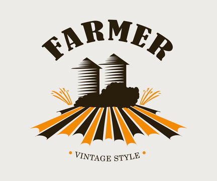 Farm logo, vintage vector illustration, food organic emblem. © antarstudio