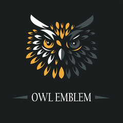 Owl vector illustration, nightbird emblem on dark background.