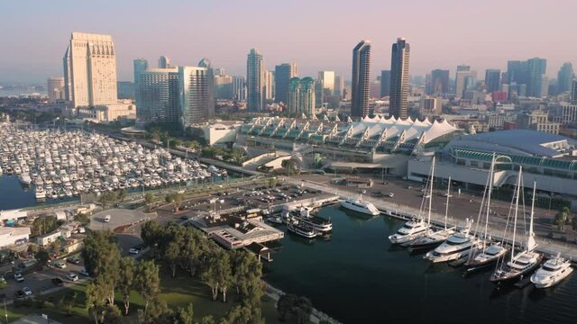 Aerial: San Diego City skyline and waterfront, California, USA