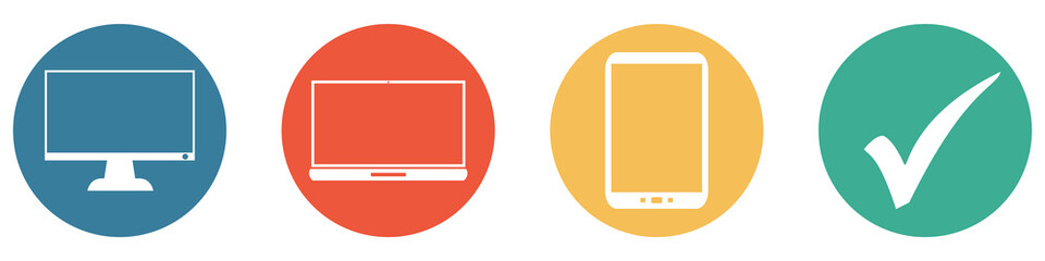 Bunter Banner mit 4 Buttons: PC Computer, Laptop / Notebook und Handy / Smartphone als digitale Geräte