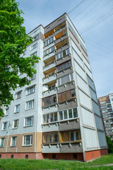 Multi-storey panel residential building.Post-soviet urban architecture