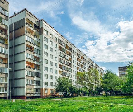 Multi-storey panel residential building.Post-soviet urban architecture