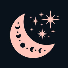 Moon phases boho design elements. Bohemian phases of the moon illustration. 