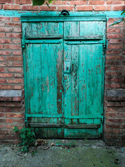 Old green wooden door in a brick wall, vertical photo