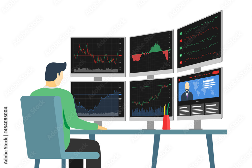 Poster businessman stock market trader in workplace looking at multiple computer screens with financial cha