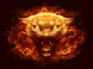Fire cat head with flame digital painting. 