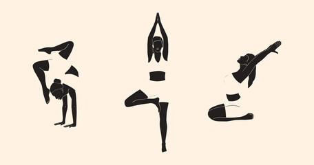 Obraz premium Set of women in different yoga poses. Relaxation. Modern Art. Vector illustration.