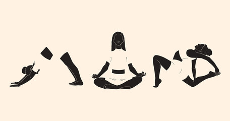 Set of women in different yoga poses. Minimalism. Vector illustration.