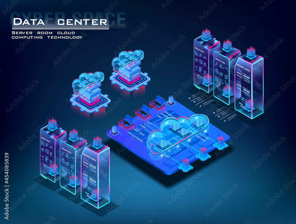 Poster data center isometric concept. server room with powerful processor for web hosting. data transfer co