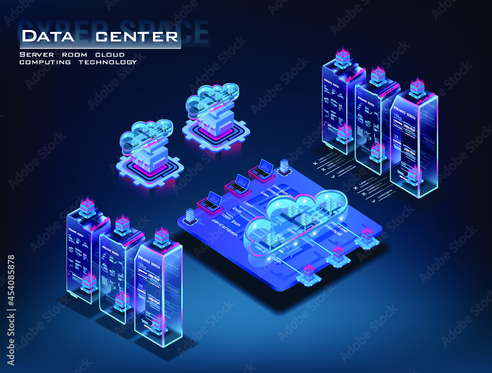 Poster data center isometric concept. server room with powerful processor for web hosting. data transfer co
