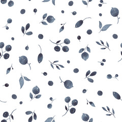 Abstract floral seamless pattern with berries and leaves dark blue color indigo, watercolor simple illustration on white background, Christmas print of design elements.