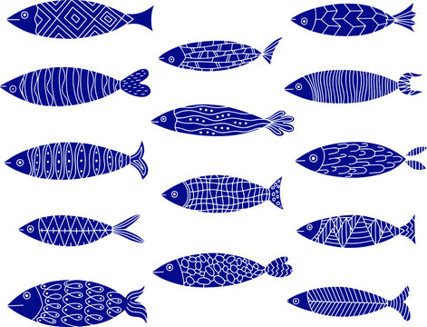 Marine fishes. Collection of stylized fish. Funny doodle set