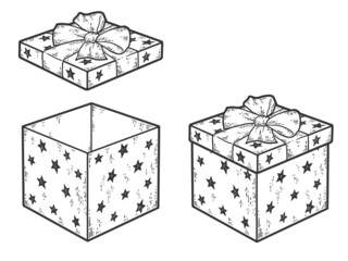 Set of gift box with bow. Closed and open lid. Sketch scratch board imitation coloring.