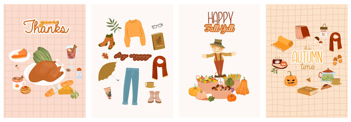 Set of invitation card - Cozy Autumn. Autumn holiday, seasonal food, decor, outfit. Cute illustration  in Hygge style. Editable Vector Illustration.