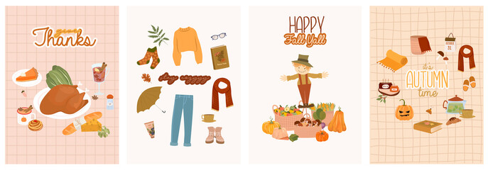Fototapeta premium Set of invitation card - Cozy Autumn. Autumn holiday, seasonal food, decor, outfit. Cute illustration in Hygge style. Editable Vector Illustration.
