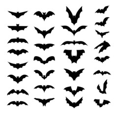 Set of black silhouettes of bats isolated on white background. Collection of flittermouse icons. Tattoo of bat vampire. Scary Halloween traditional design element. Vector illustration. - 454087080