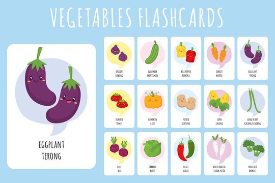 Cute Vegetables bilingual flashcards vector set. Cute bilingual educational flashcards for kids.