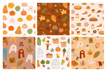 Set of Autumn seamless pattern with autumn leaf, pumpkin, cute things, seasonal food, home decor in Hygge style. Editable vector illustration.