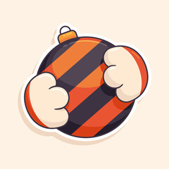 Cartoon paws hold a striped Christmas tree toy. Christmas ball with tiger stripes, the year of the tiger, a symbol of the Chinese new year.